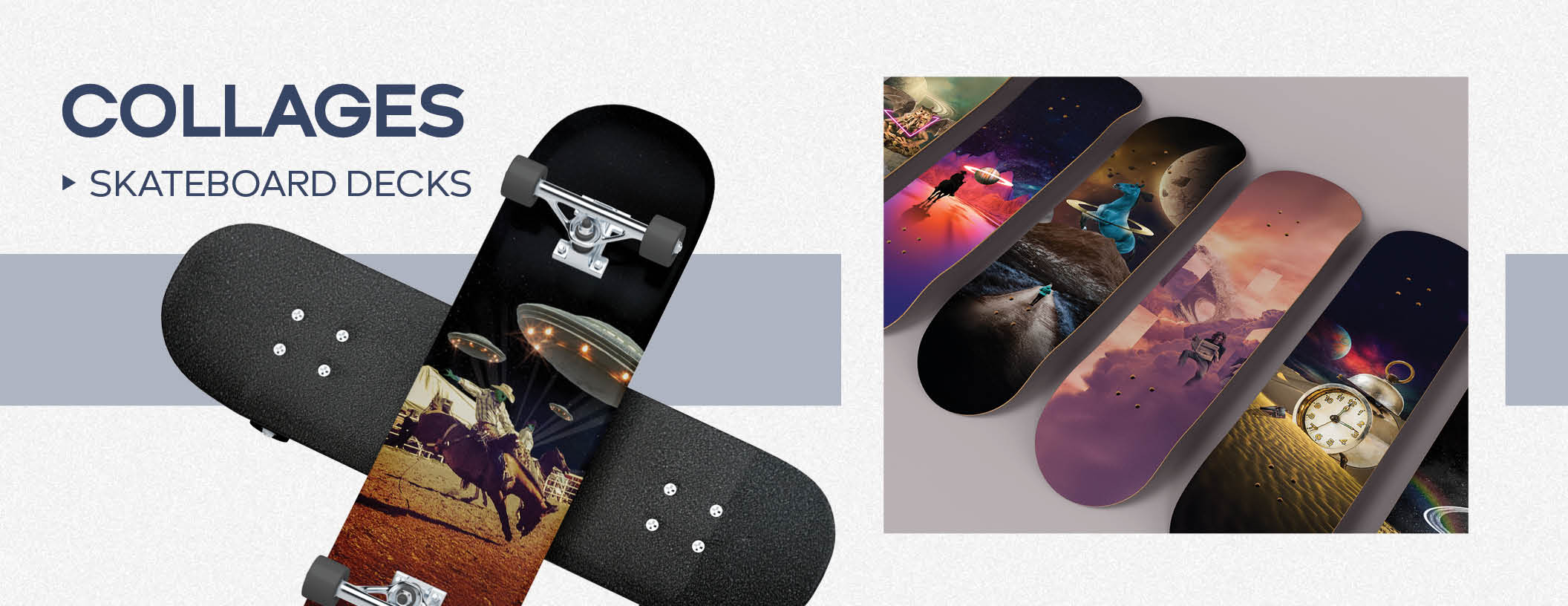 Surreal photo collage artwork printed on a set of skateboard decks.