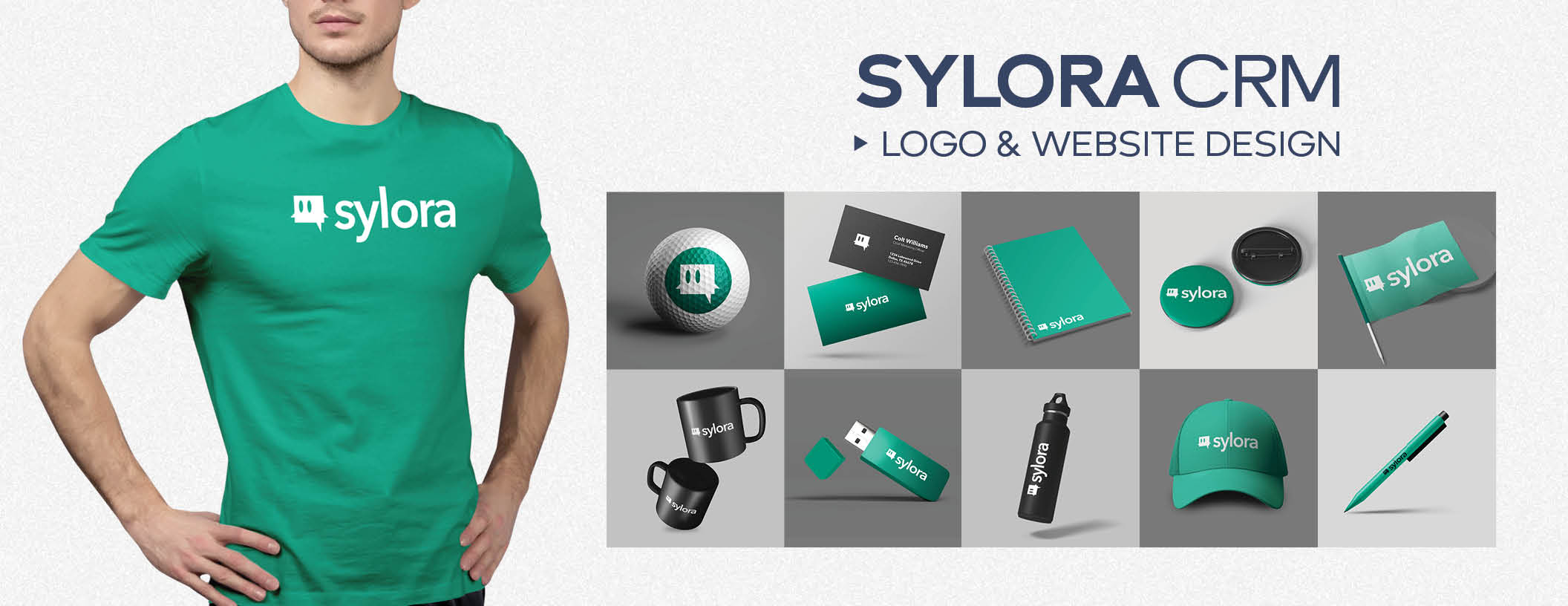 Sylora CRM branded merchandise: t-shirt, mugs, golf ball, business cards, cap.