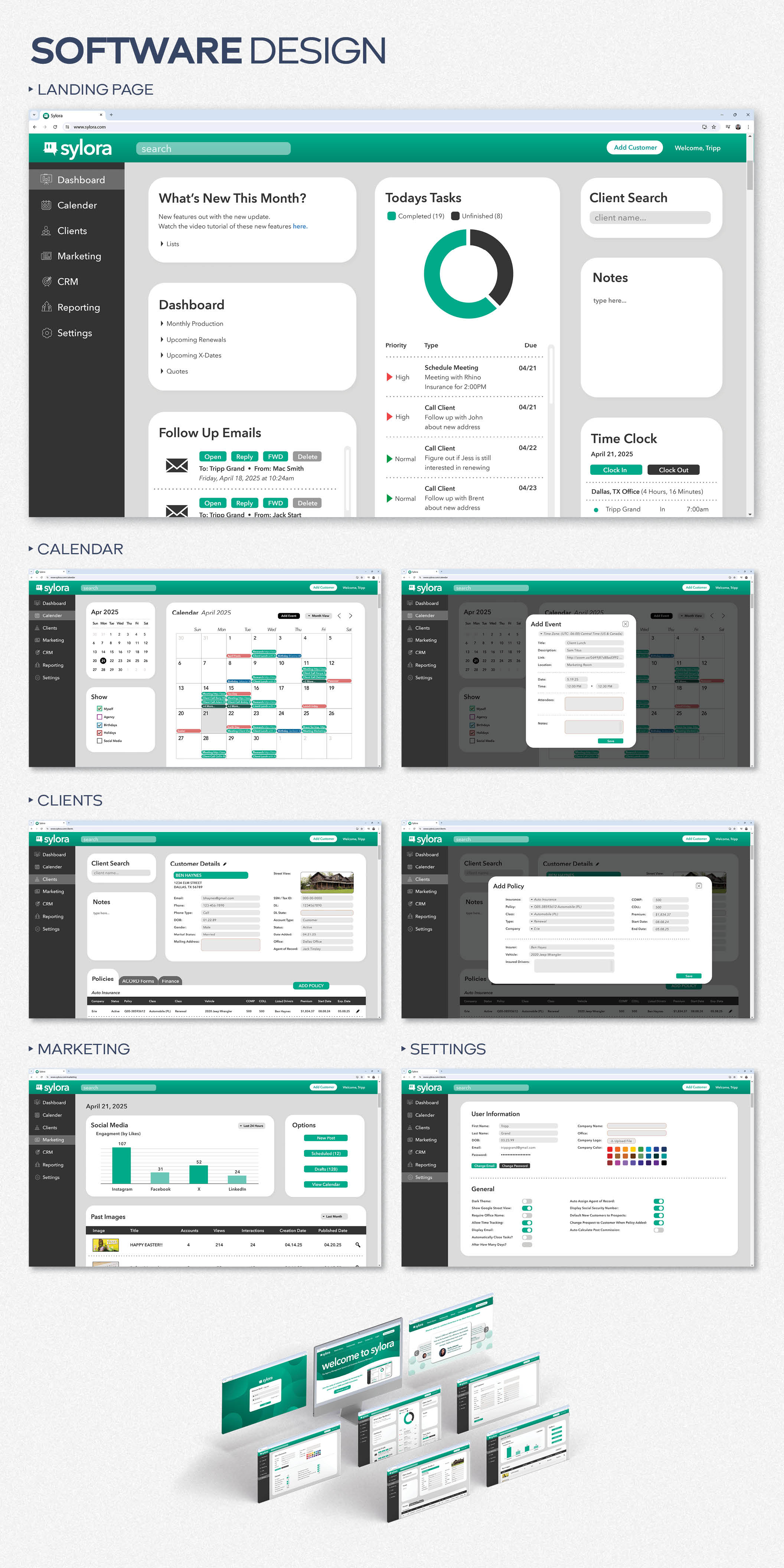 Sylora CRM software UI: dashboard, calendar, clients, marketing, and settings screens.