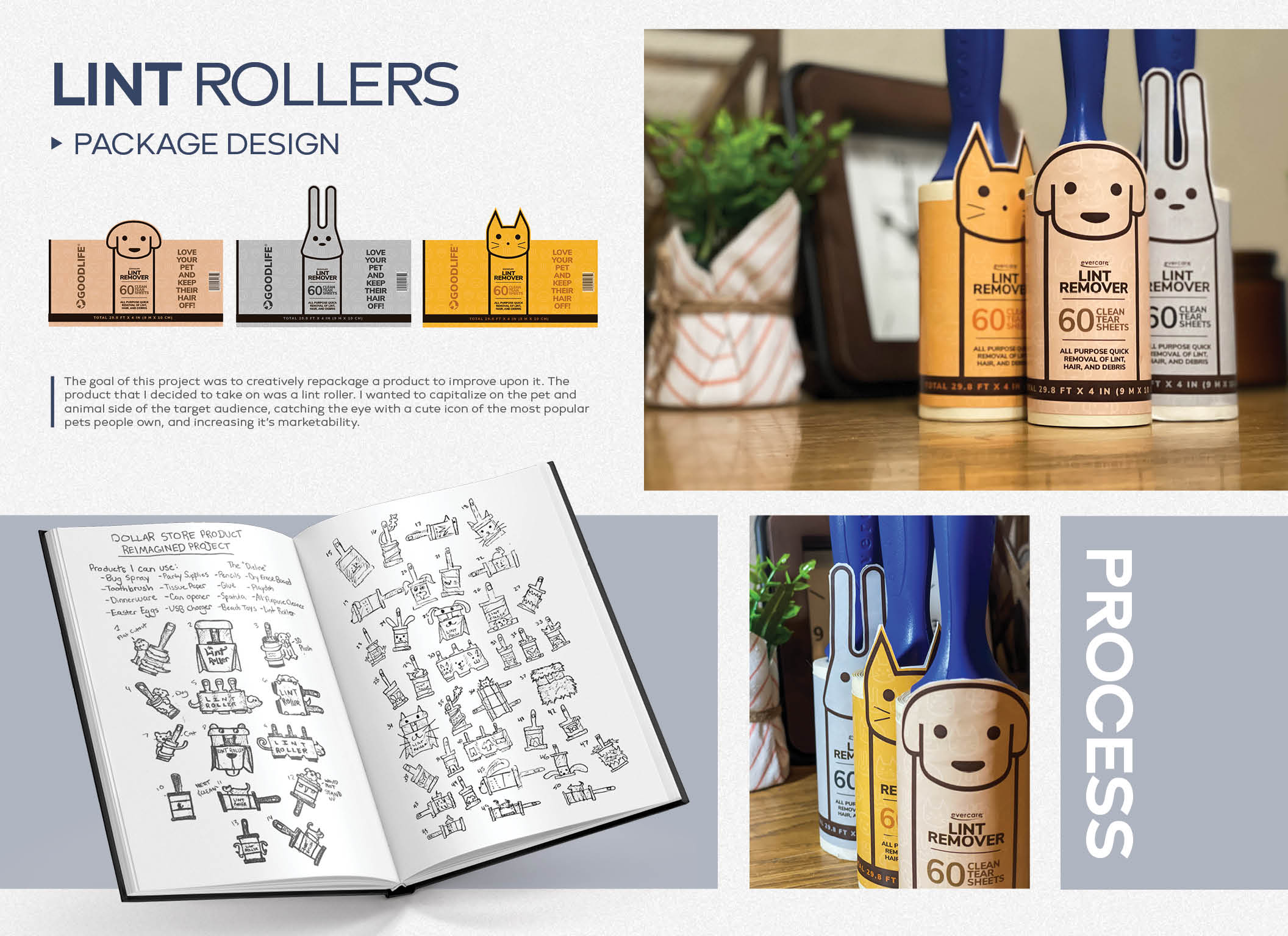 GoodLife lint roller packaging concepts and finished dog, cat, and bunny die-cut sleeves, with sketchbook process pages.