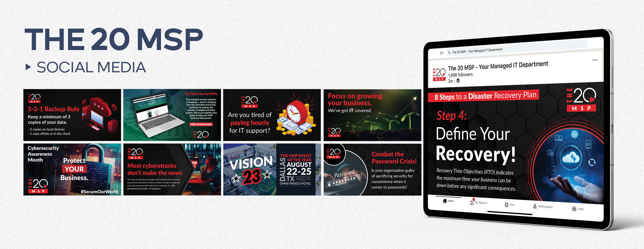 The 20 MSP social media graphics grid on cybersecurity, pricing, growth, and an industry event, with a LinkedIn mockup.