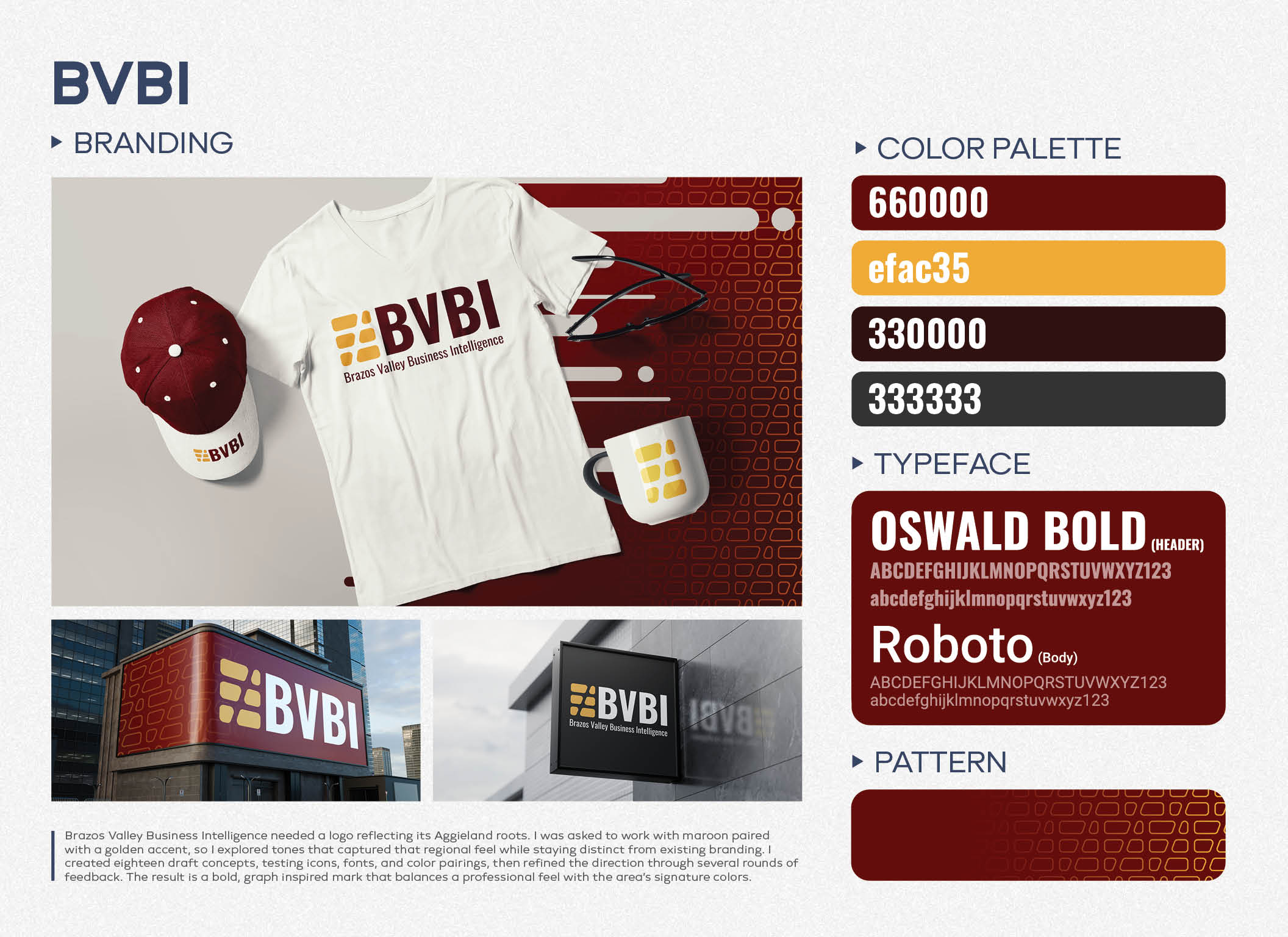 BVBI brand identity: maroon and gold logo applied to apparel, mugs, building signage, color palette, and typeface.
