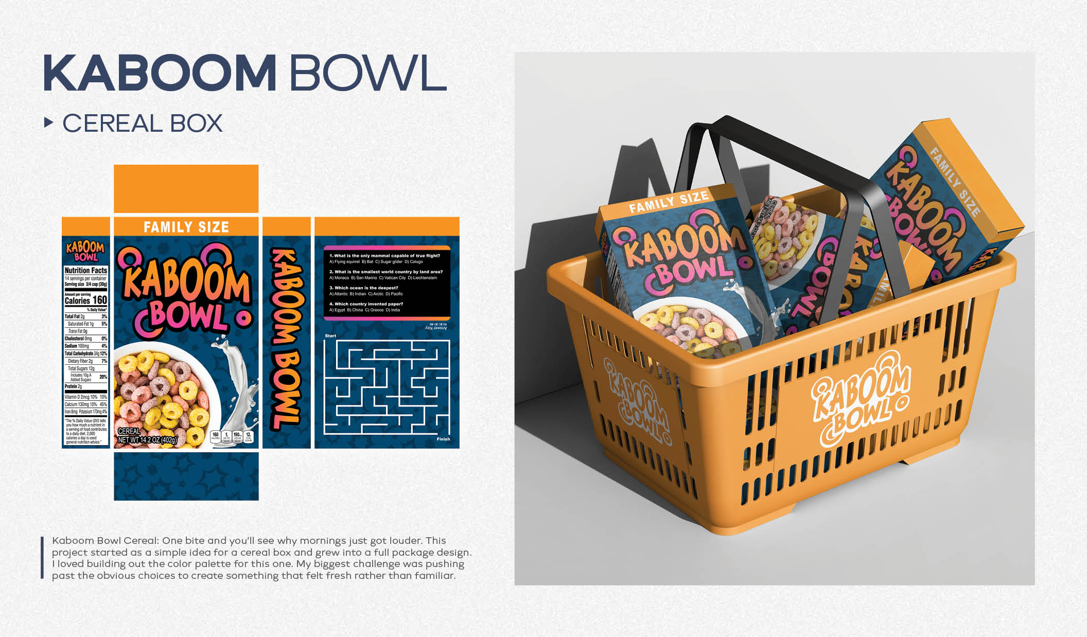 Kaboom Bowl cereal box package design, flat die-line and mockup shown in a grocery basket.