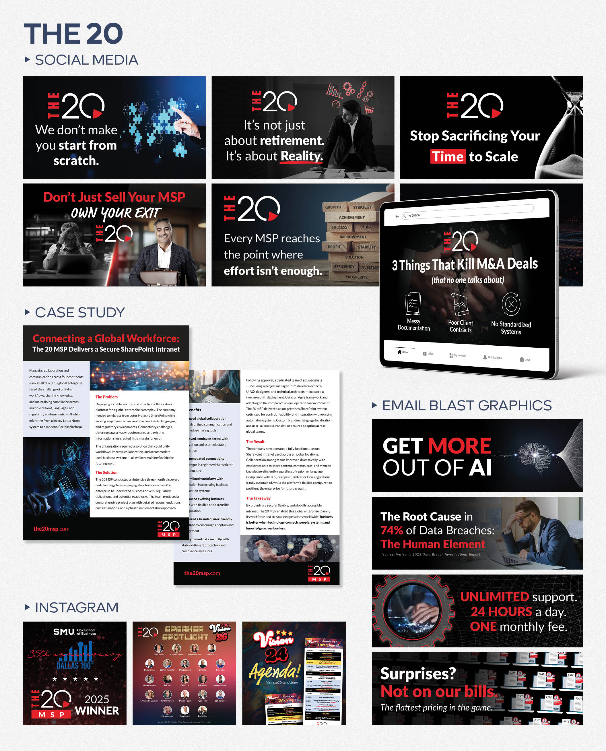 The 20 social media graphics, case study, email blast graphics, and Instagram posts, with a LinkedIn article mockup.