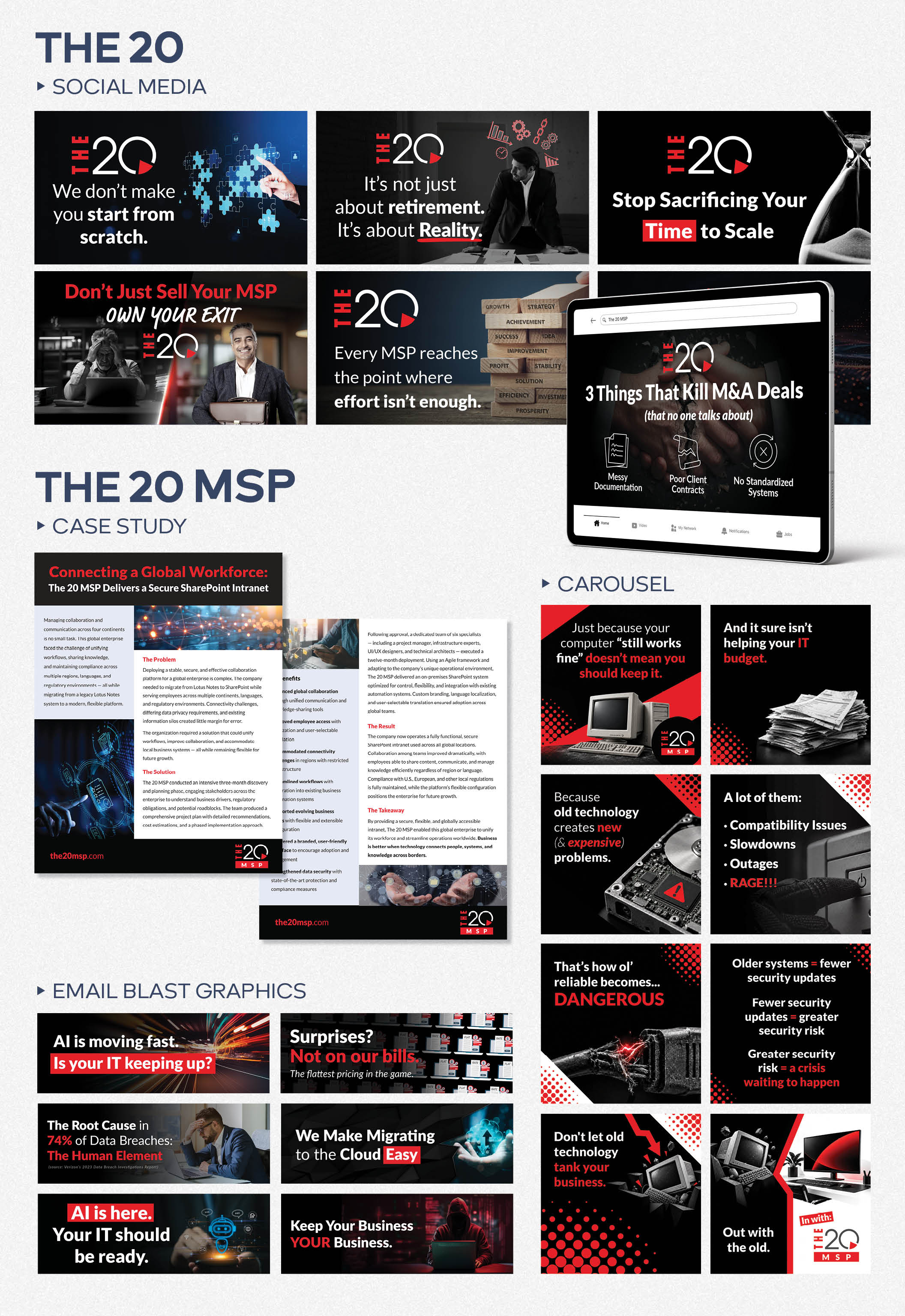 The 20 and The 20 MSP social media graphics, case study, carousel, and email blast graphics.